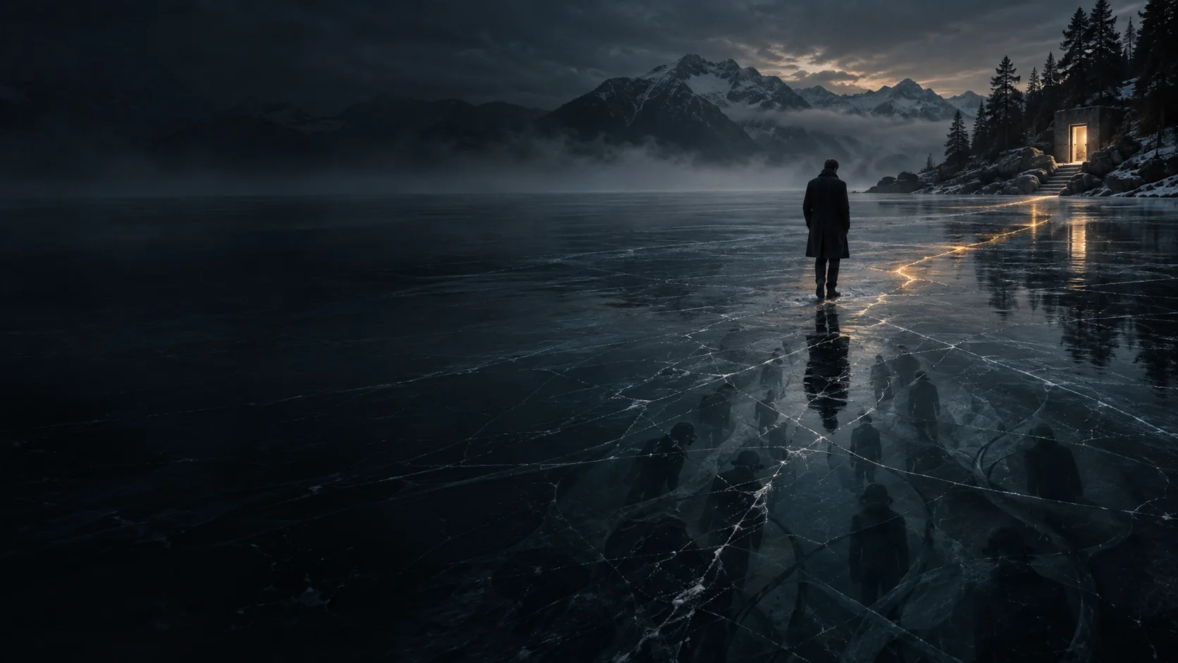 A lone figure on dark ice, facing a distant warm doorway. Shadows lie beneath the surface.